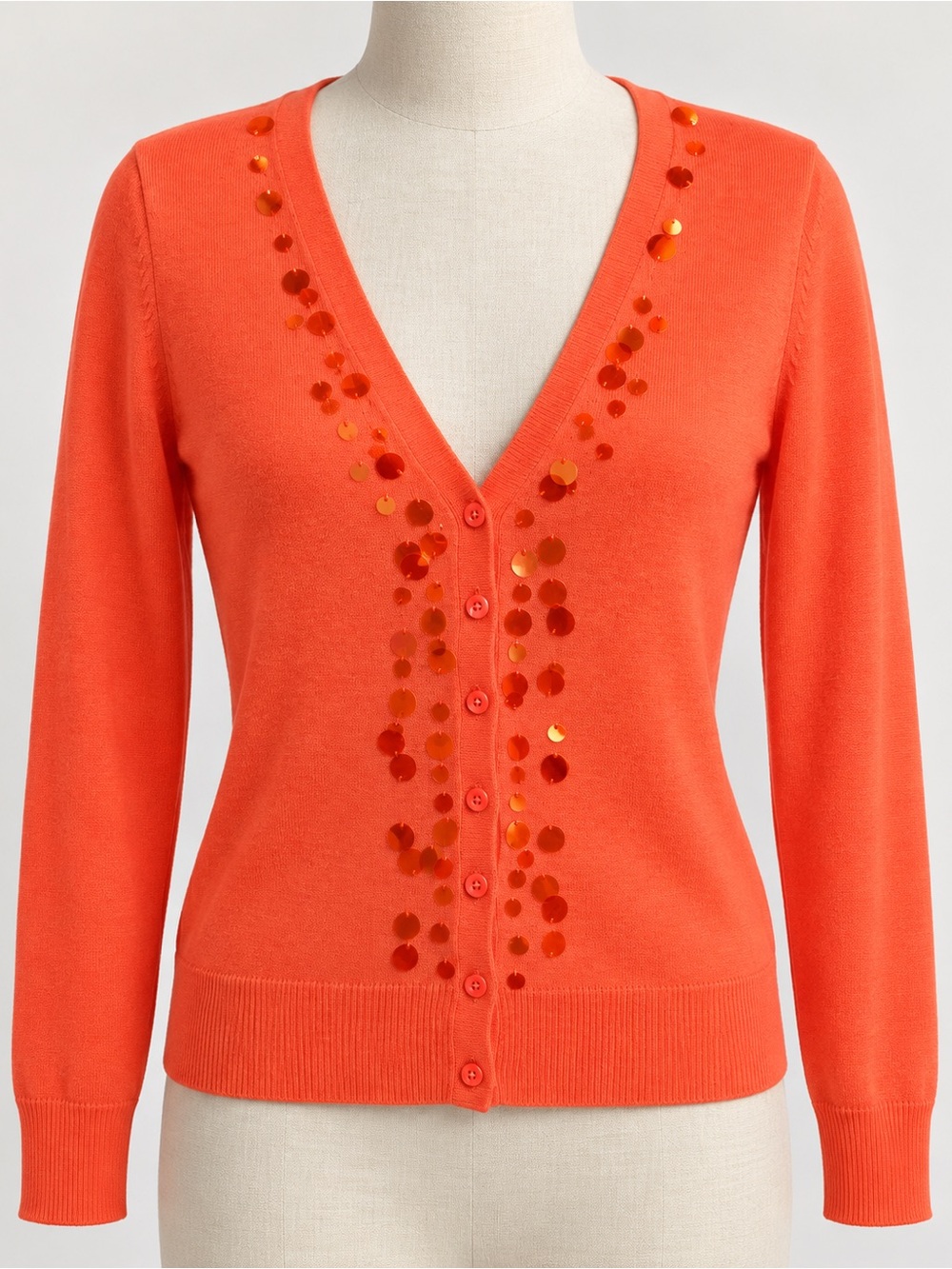 Orange Sequin Embellished V-Neck Button Front Cardigan Sweater Womens Medium